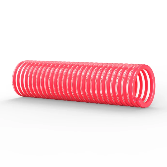 Zijaanzicht van een transparante slang met rode harde pvc spiraal - Baccus